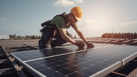 A worker installs a solar panel on a roof.