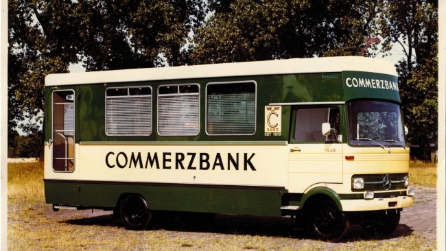 White-green Mercedes bus as a mobile branch of Commerzbank from 1967